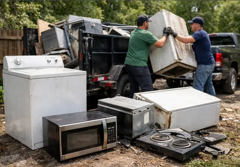 Two workers loading an old appliance while a washer, microwave, oven and freezer wait for removal