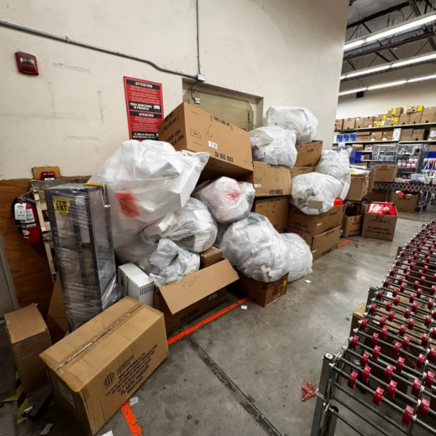 Boxes and bags in a retail receiving area before removal
