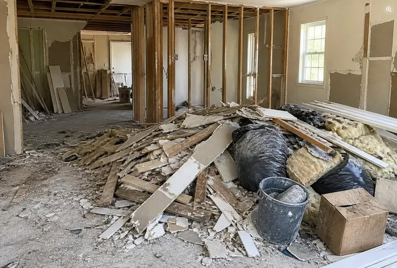 Drywall, lumber and insulation piled inside a renovation before removal