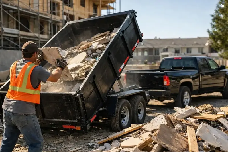 Worker loading drywall, lumber and renovation debris into a dump trailer