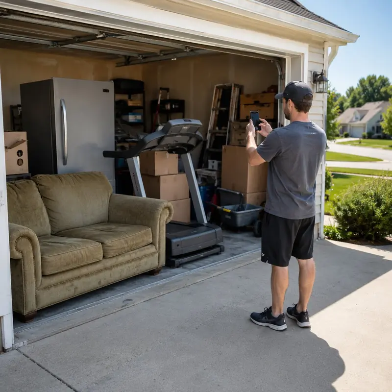 Homeowner taking photos of a couch, refrigerator, treadmill, and boxes in a garage