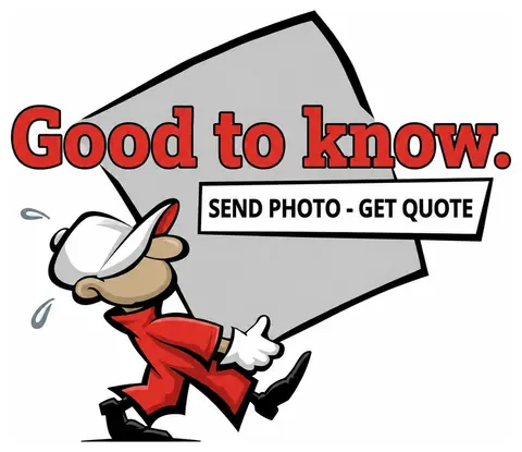 JRT running mascot carrying the words Good to know and Send photo - get quote