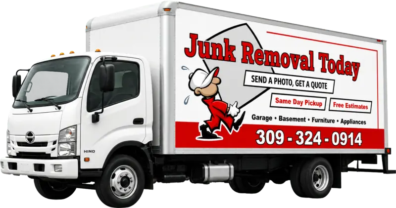 White JRT Junk Removal Today Hino box truck with phone number 309-324-0914