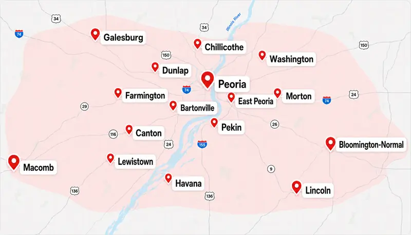 JRT service area map covering Peoria, Galesburg, Chillicothe, Dunlap, Washington, Morton, Bloomington-Normal, Lincoln, Havana, Lewistown, Macomb, Canton, Farmington, Bartonville, Pekin, and East Peoria