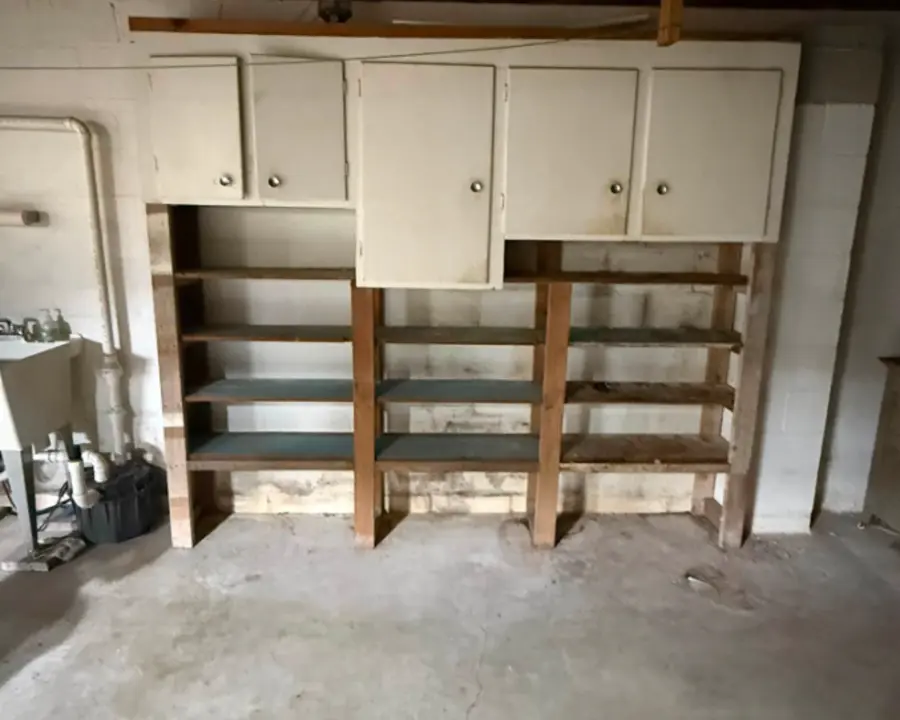 Built-in garage shelving before demolition