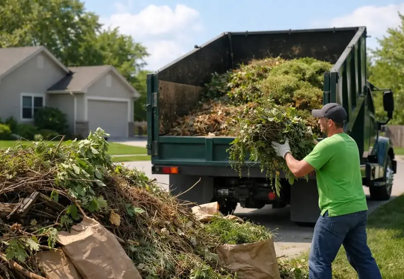 Worker loading branches and bagged yard debris into a hauling truck
